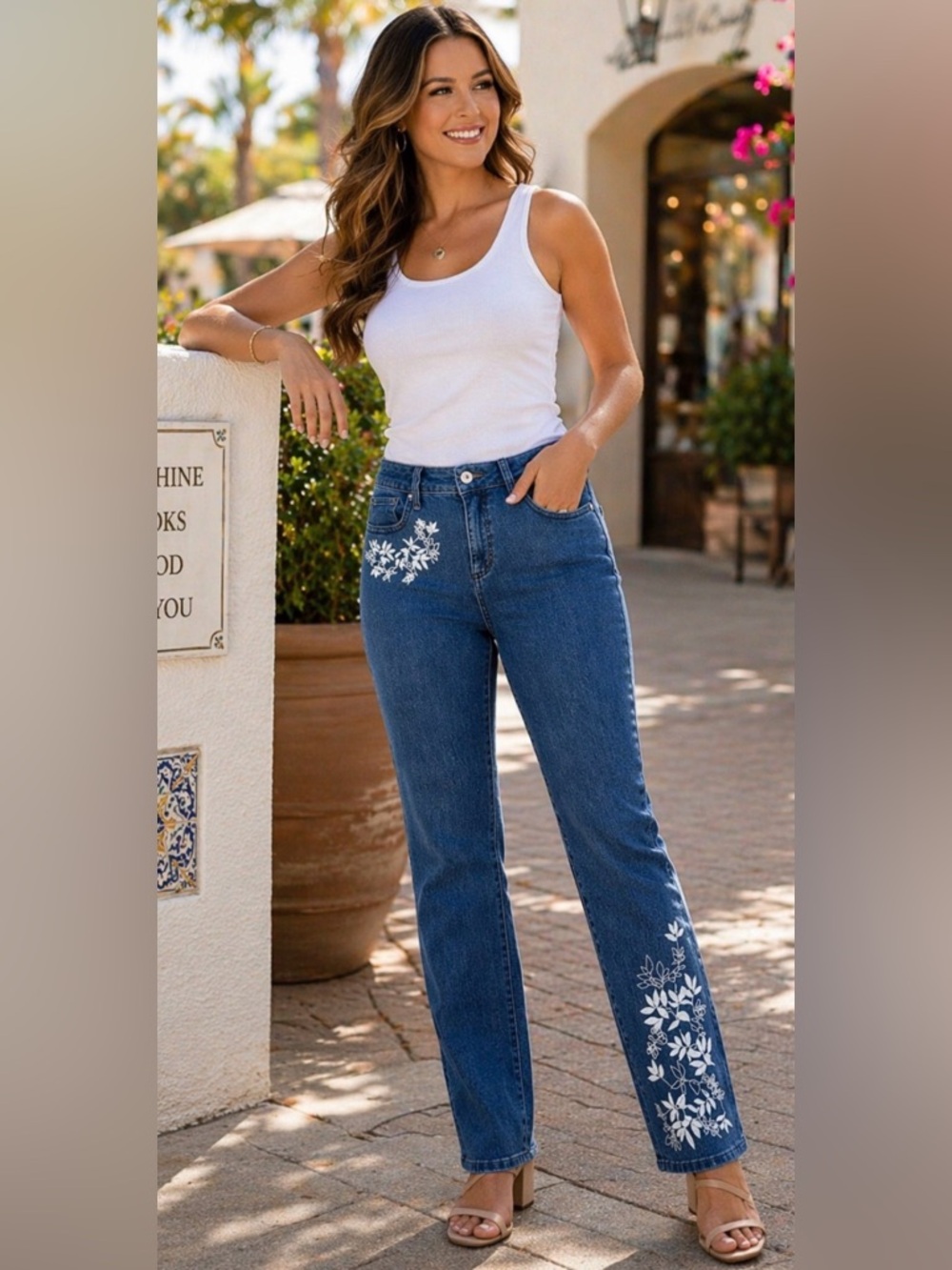 Style & Co. Blue High Rise Straight-Leg Jeans w White Floral Embroidery Size 10P